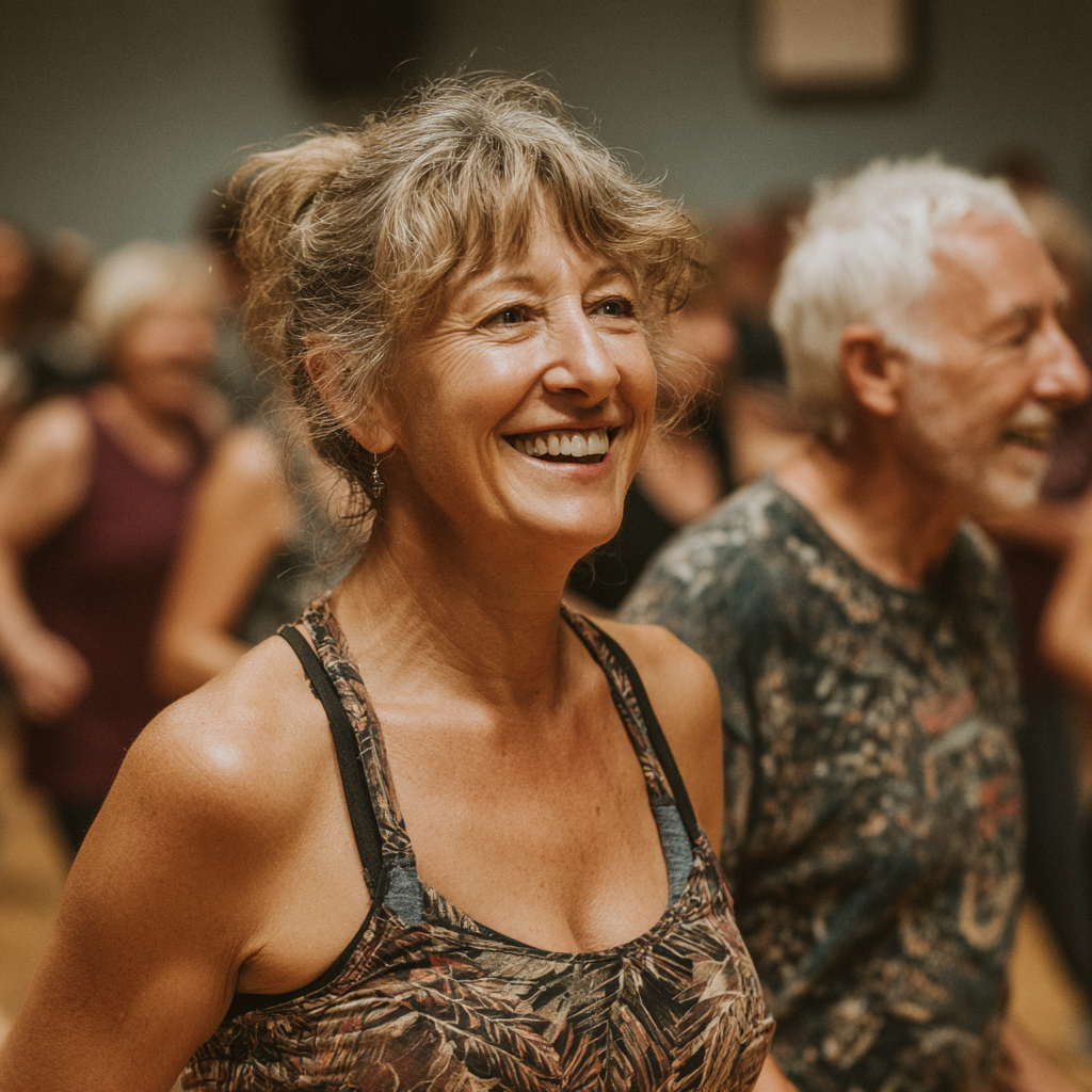 Група активних людей віком 50-60 років на груповому тренуванні у mangrevok