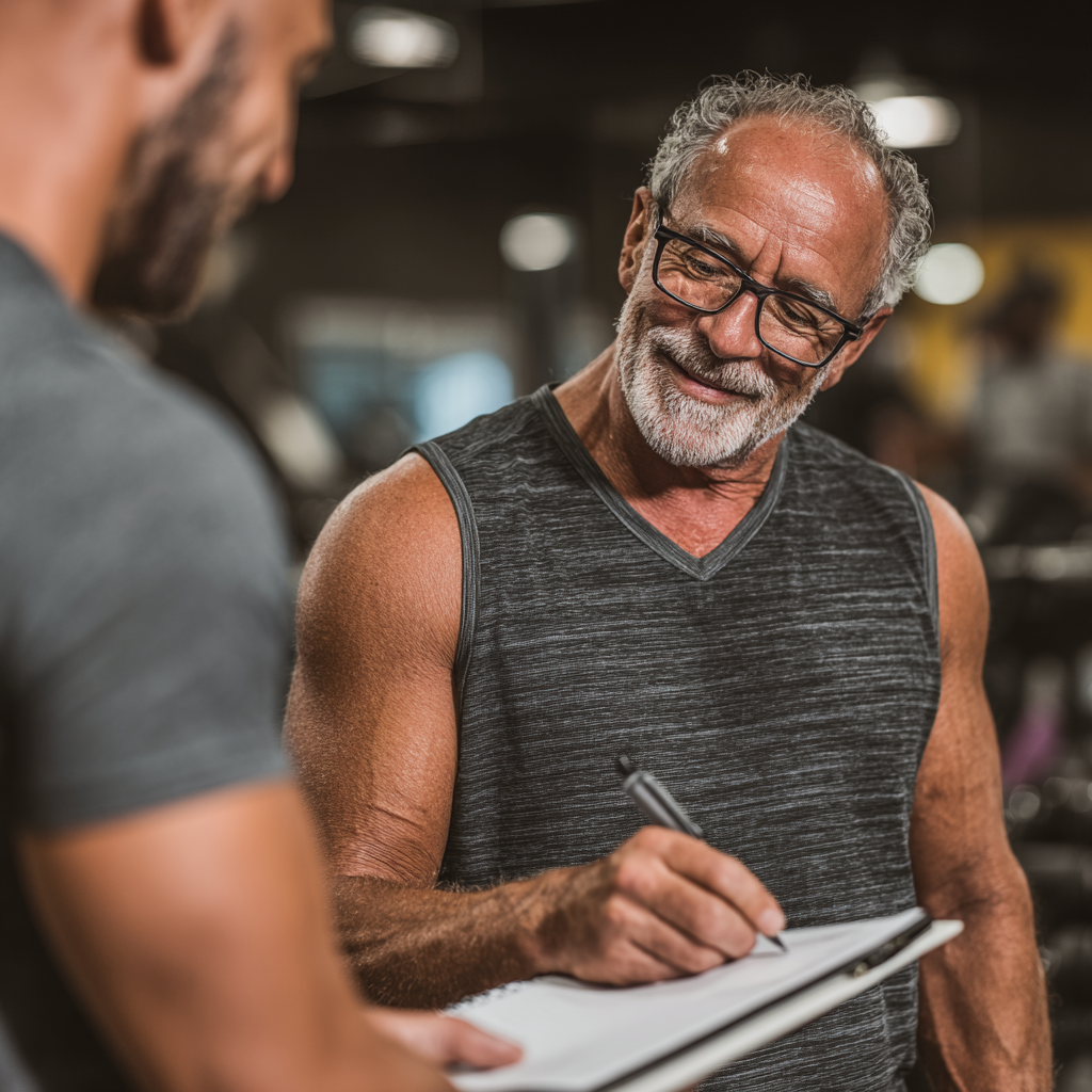 Досвідчений тренер 58 років проводить індивідуальну консультацію з клієнтом у фітнес студії