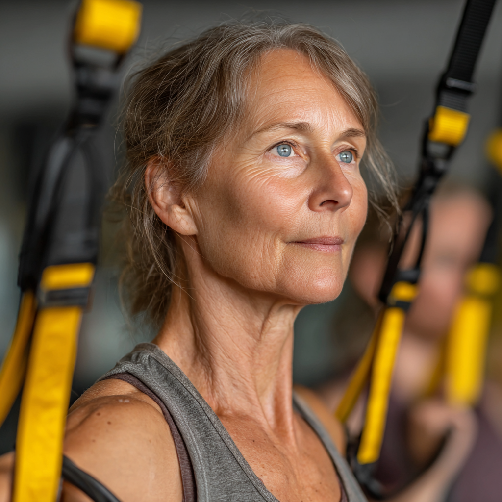 Енергійна жінка 55 років виконує функціональні вправи у фітнес залі mangrevok